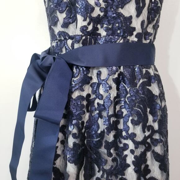 Tadashi Shoji Lace Tulle Sequins Mermaid Gown Long Dress with Belt - Picture 5 of 12